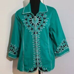 Bob Mackie Wearable Art Unique Cut Out Detail Zip Up Turquoise Jacket Size Large